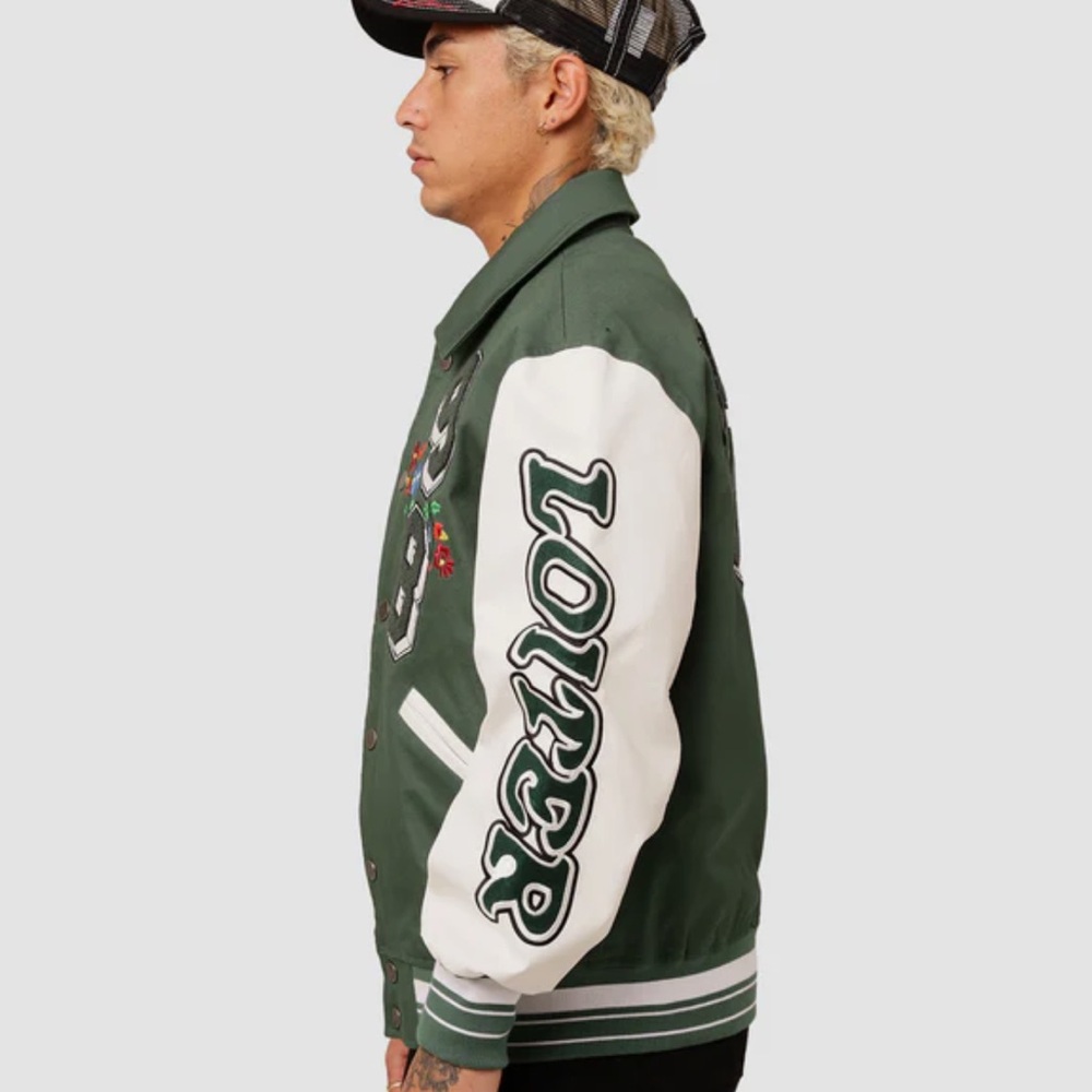 LOITER Flaws And Sins Varsity Logo Jacket size Medium Green Off White $229 - Picture 5 of 16